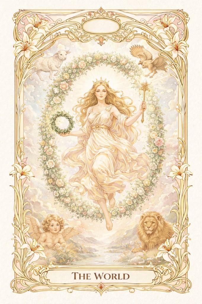 Art Nouveau Lily tarot border example — The World with celestial figure and rose wreath