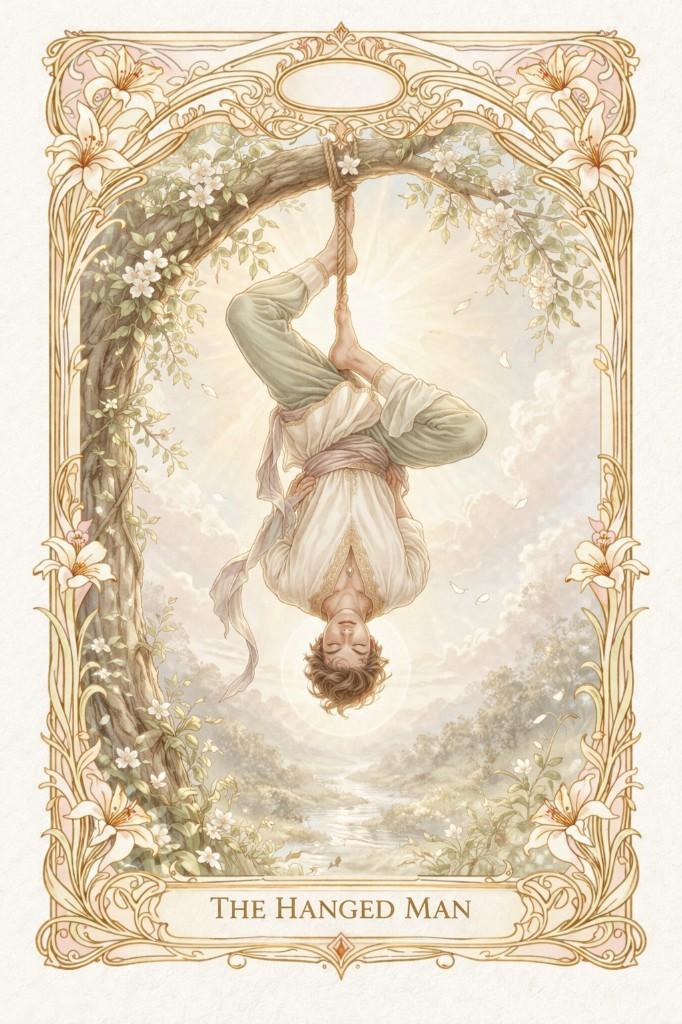 Art Nouveau Lily tarot border example — The Hanged Man beneath a blossoming tree