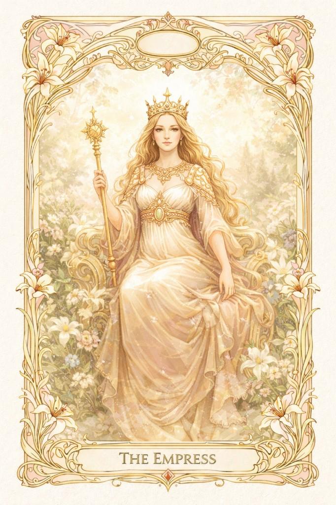 Art Nouveau Lily tarot border example — The Empress on a throne among white lilies