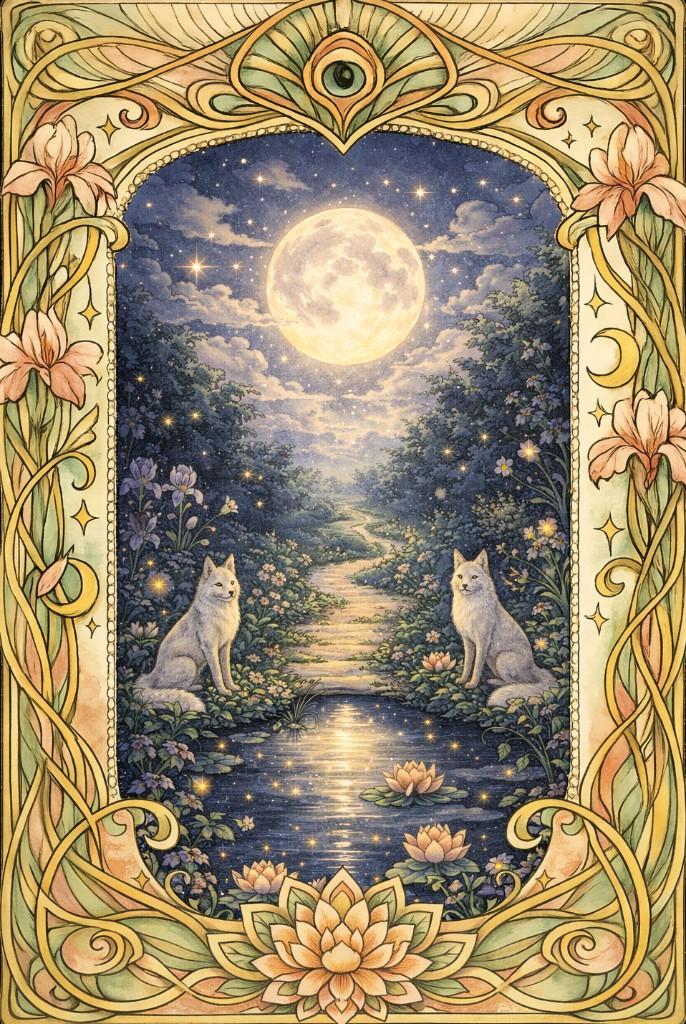 Celestial Gilded tarot border example — celestial moon tarot card illustration
