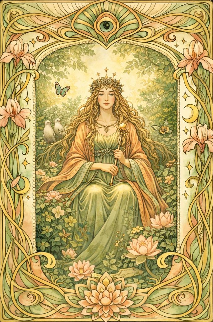 Celestial Gilded tarot border example — traditional tarot illustration with gold celestial frame