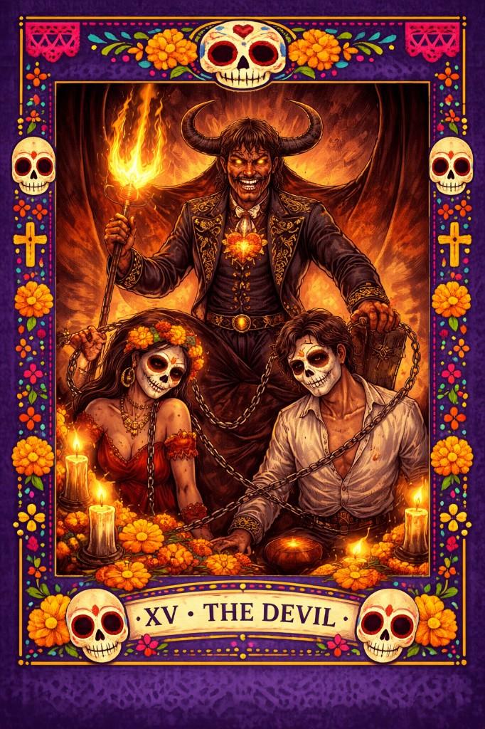 Day of the Dead tarot border example — The Devil card with sugar skull festival design