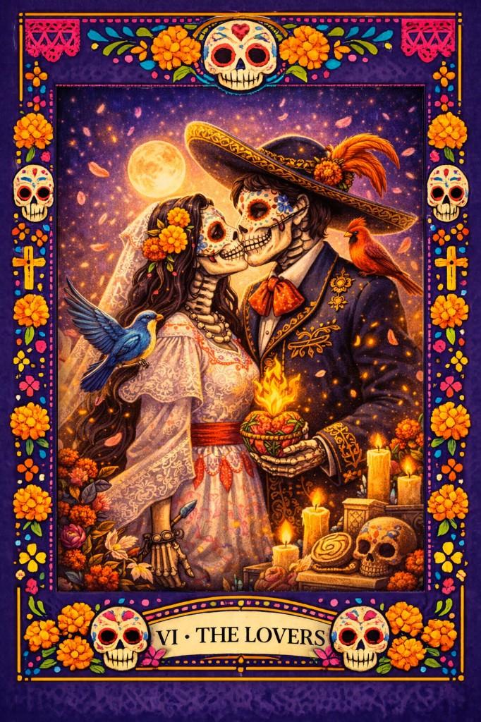 Day of the Dead tarot border example — The Lovers card with sugar skull festival design