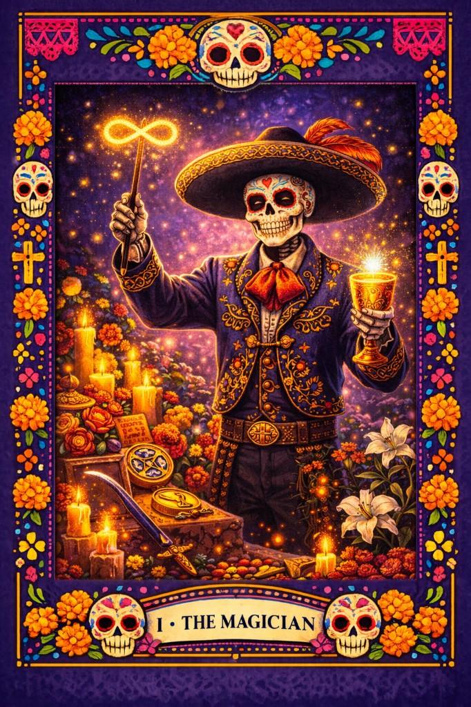 Day of the Dead tarot border example — The Magician card with sugar skull festival design
