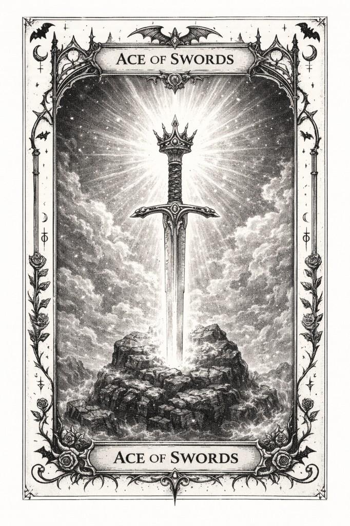 Gothic Romance tarot border example — Ace of Swords with crowned sword and radiant light
