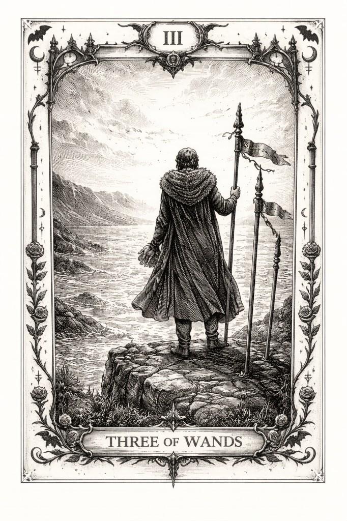 Gothic Romance tarot border example — Three of Wands on a cliff overlooking the sea