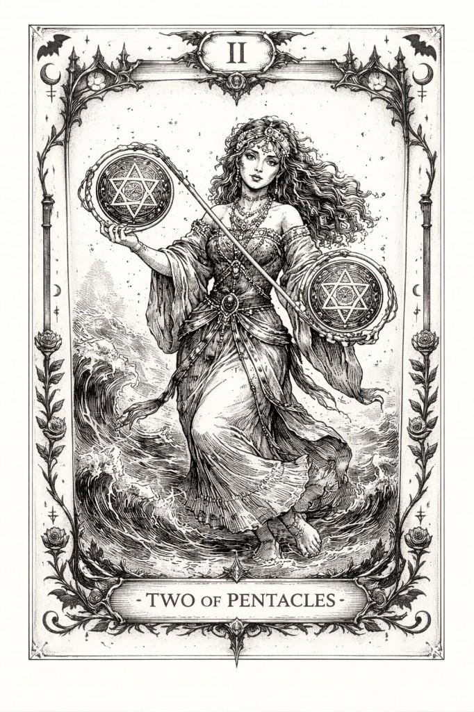 Gothic Romance tarot border example — Two of Pentacles balancing pentacles in ocean waves