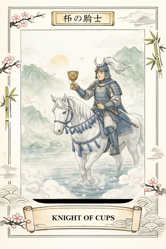 Japanese Zen tarot border example — Knight of Cups card with watercolor mountains and cherry blossoms