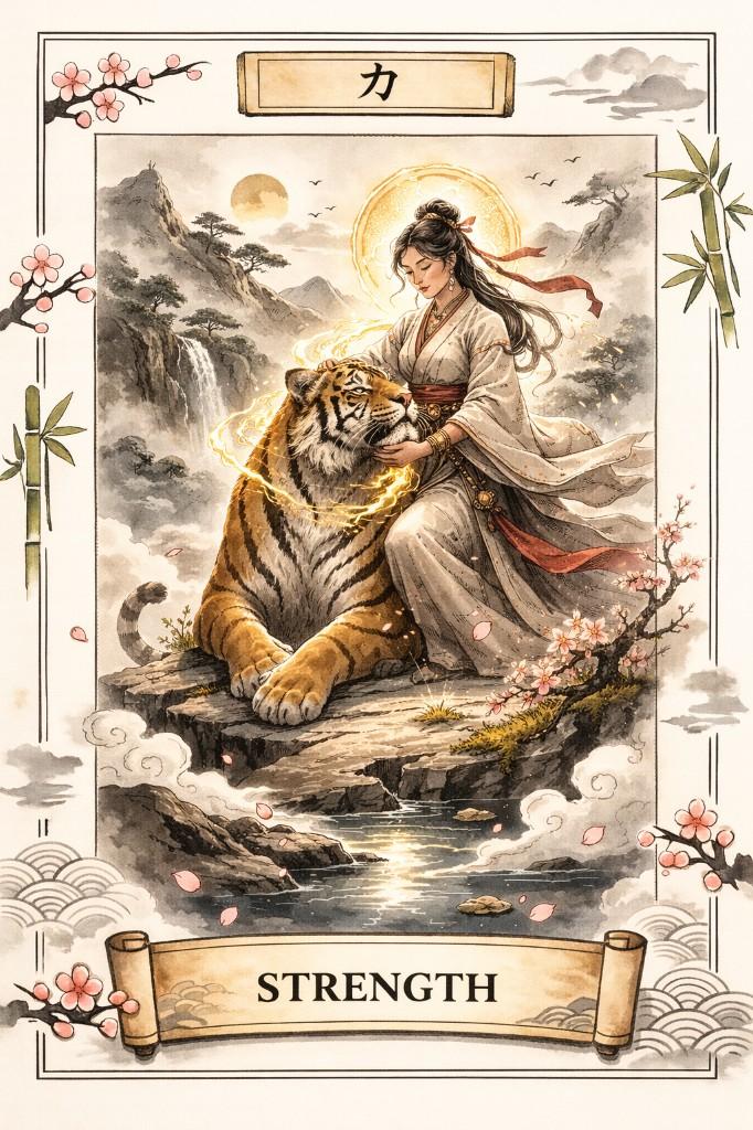 Japanese Zen tarot border example — Strength card with woman and tiger in a mountain landscape