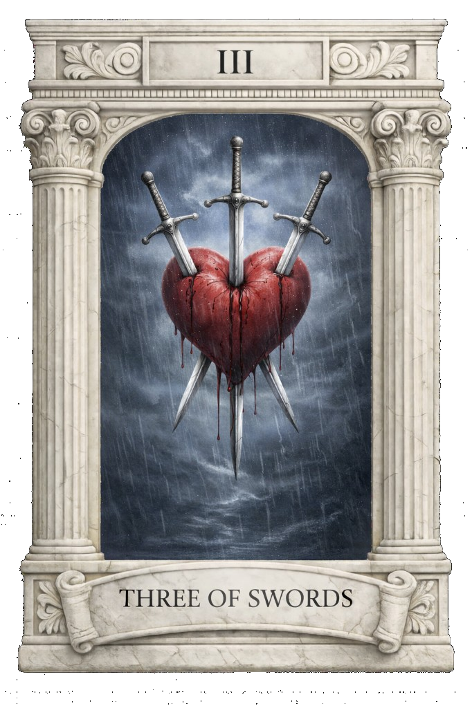 Marble Temple tarot border example – Three of Swords
