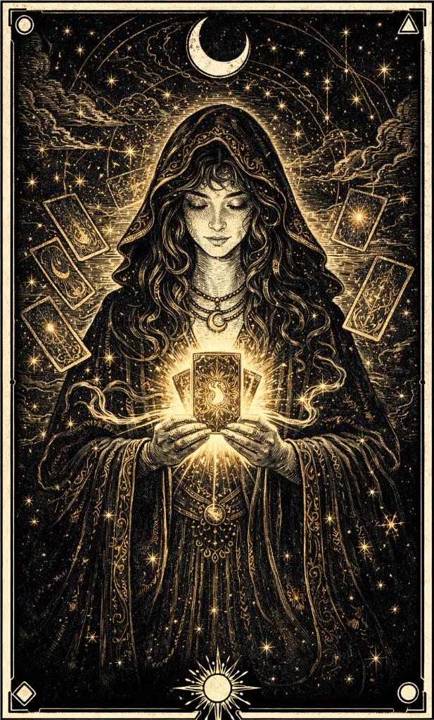 Minimal line tarot card template example with dark fantasy tarot illustration