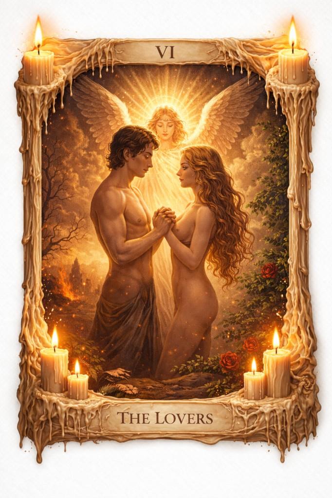 Mystic Candlelight tarot border example — The Lovers with melting wax frame and corner candles