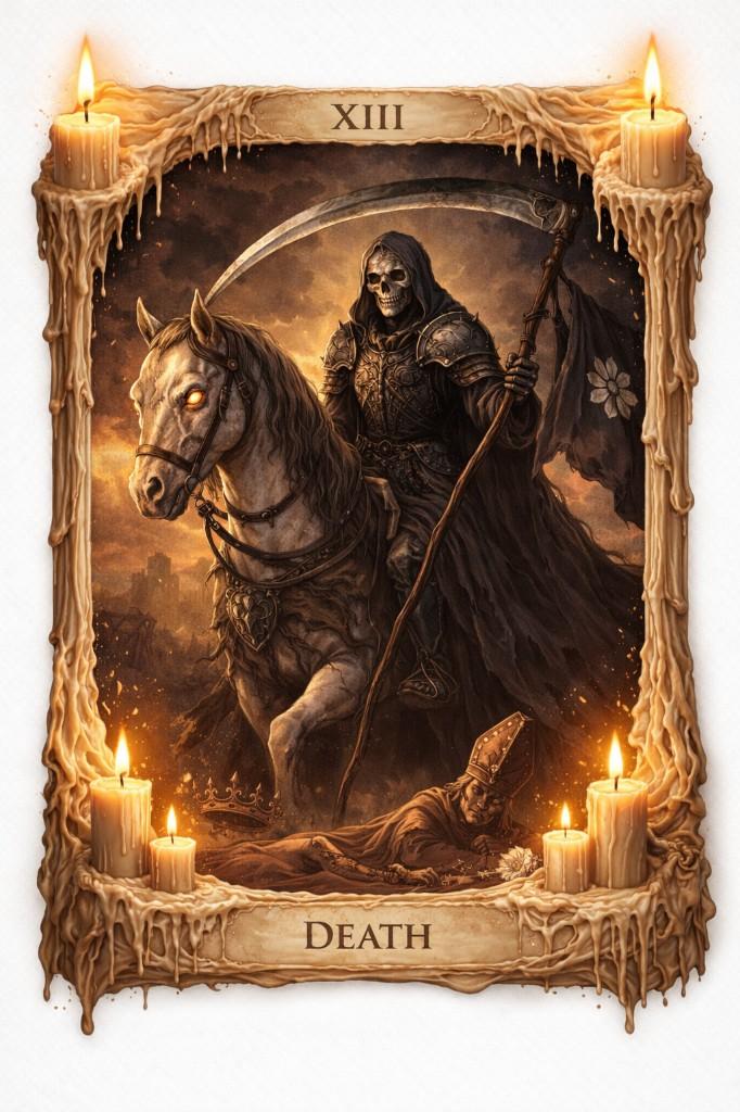 Mystic Candlelight tarot border example — Death with wax drips and candlelight glow