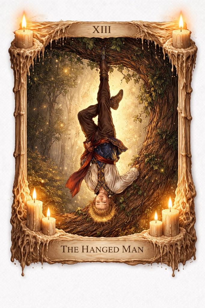 Mystic Candlelight tarot border example — The Hanged Man with warm wax border and lit candles