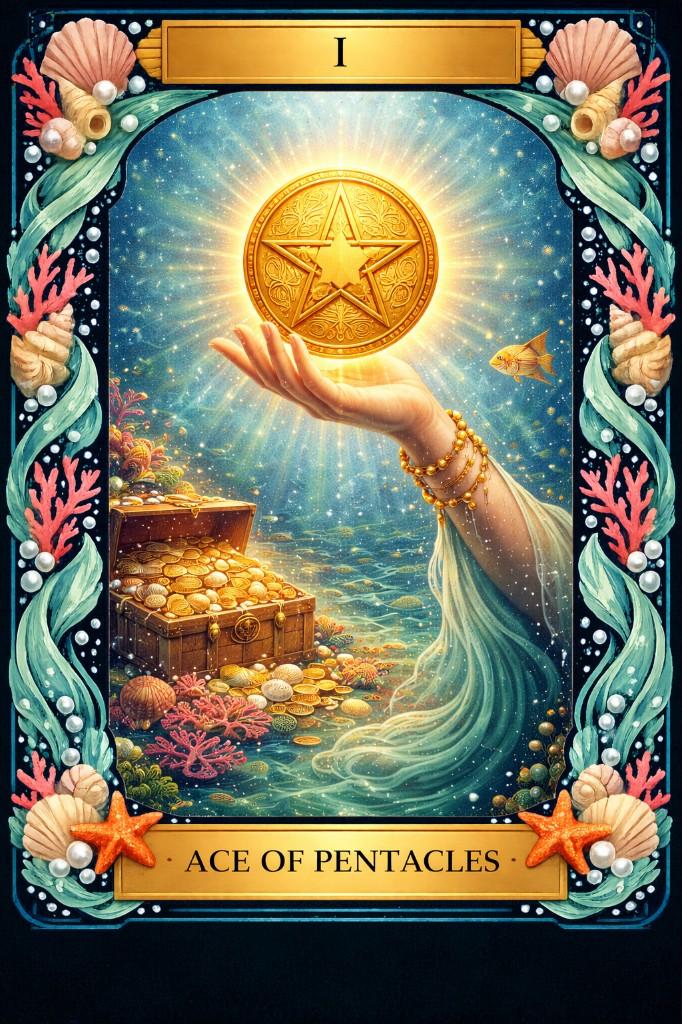 Ocean/Mermaid tarot border example — Ace of Pentacles card with underwater treasures