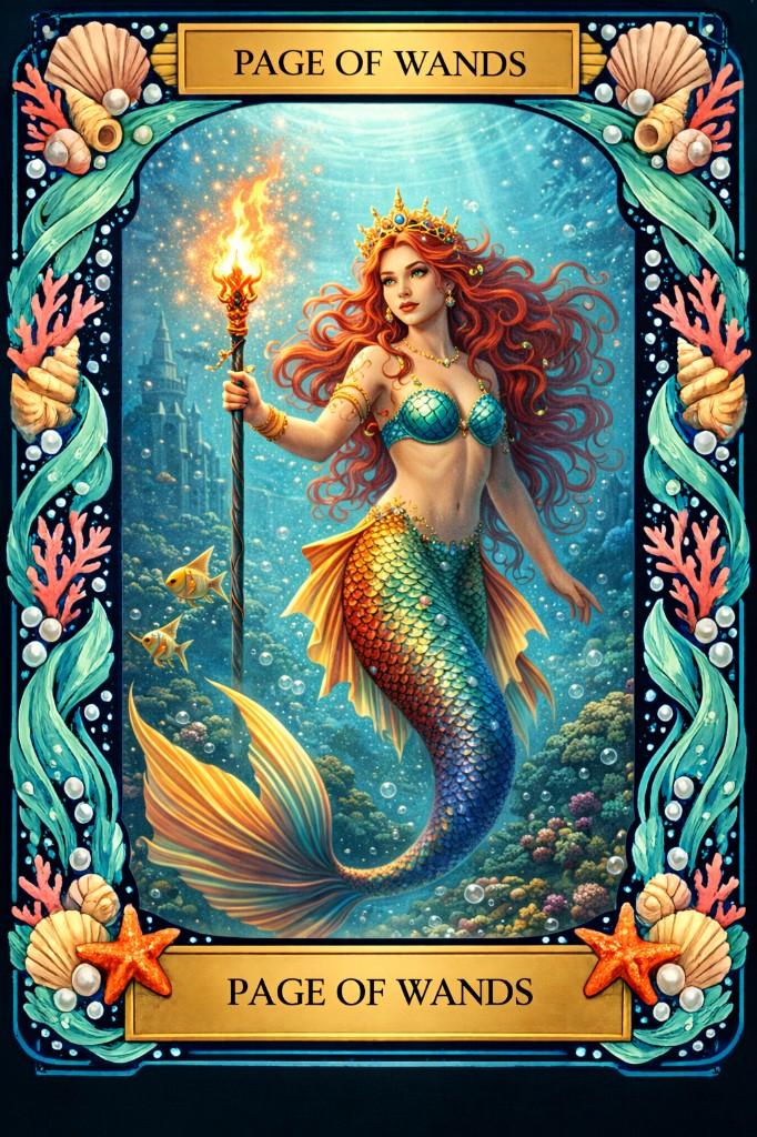 Ocean/Mermaid tarot border example — Page of Wands card with mermaid sea scene