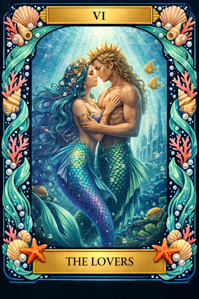 Ocean/Mermaid tarot border example — The Lovers card with underwater harmony