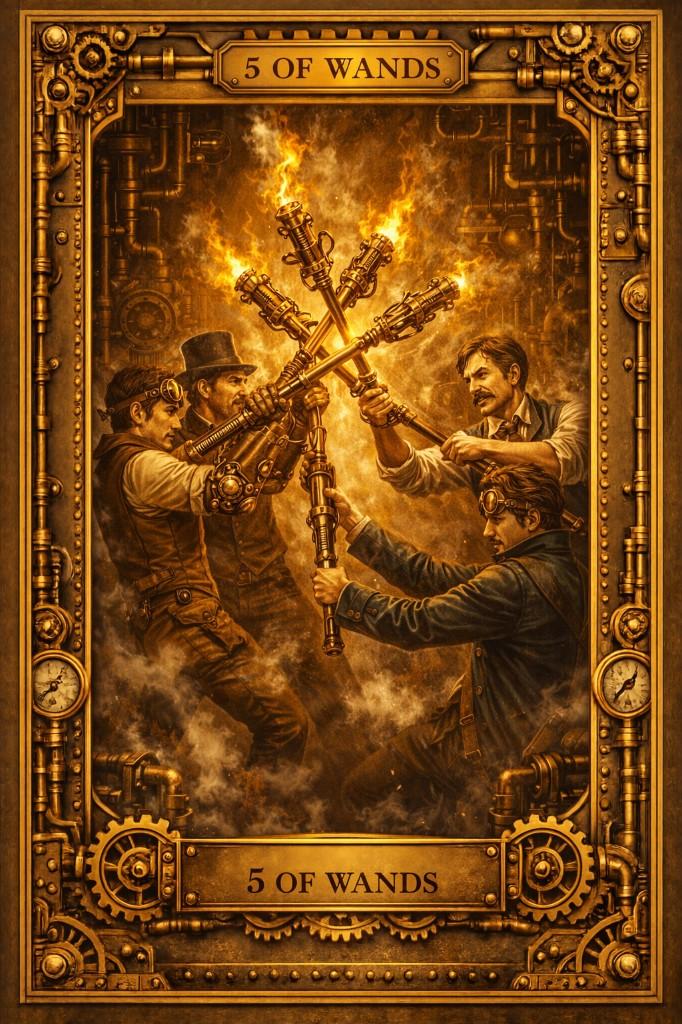 Steampunk Brass tarot border example showing finished card artwork with brass gear frame