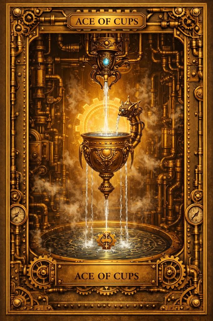 Steampunk Brass tarot border with mechanical brass detailing on a completed tarot card