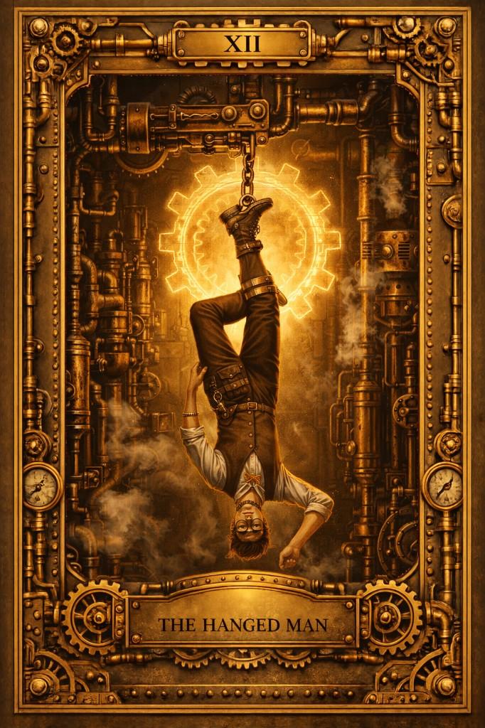 Completed tarot card using the Steampunk Brass border template with Victorian mechanical aesthetic