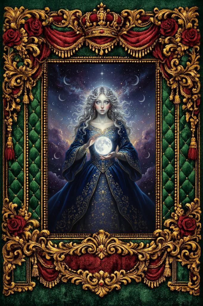 Vintage Velvet tarot border example — ornate gold baroque flourishes on tarot card artwork