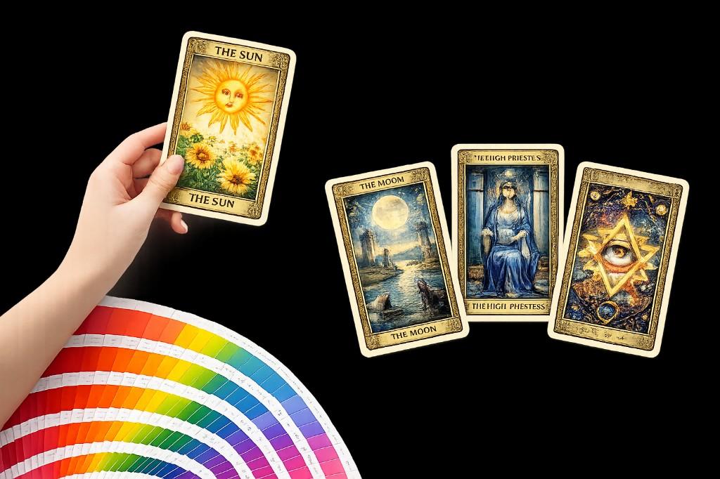 Tarot cards and a colour swatch fan, representing professional deck printing