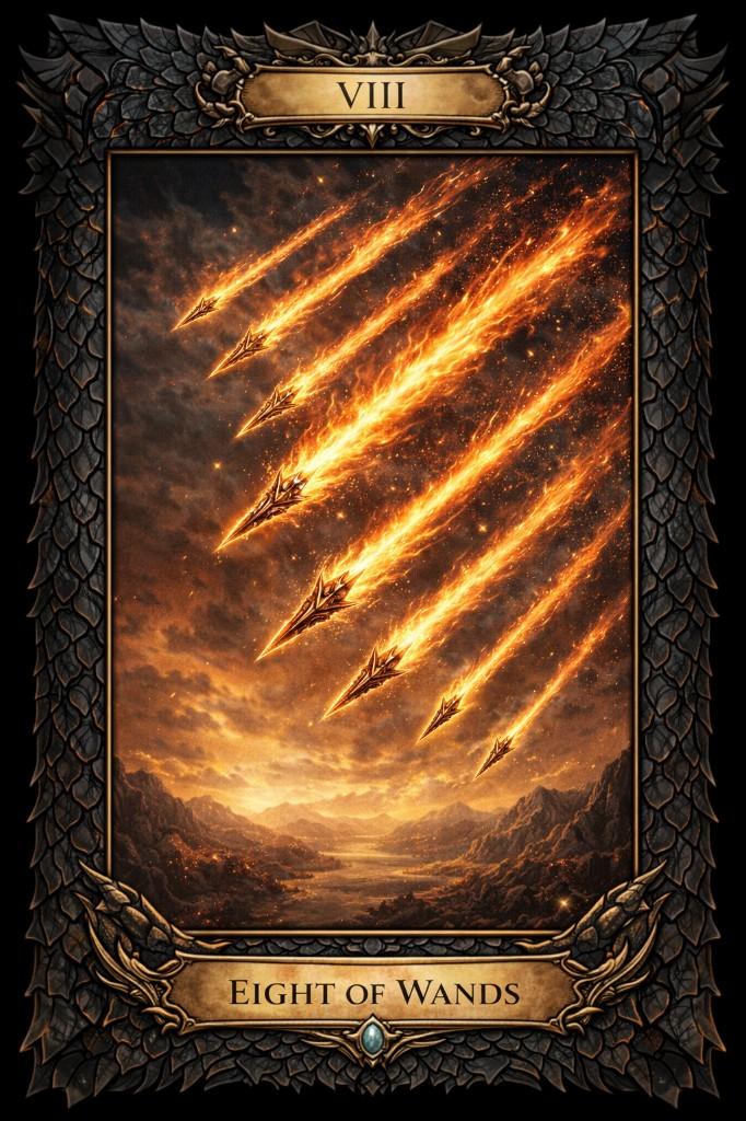 Dragon Scale tarot border example — Eight of Wands with flaming wands and mountain landscape