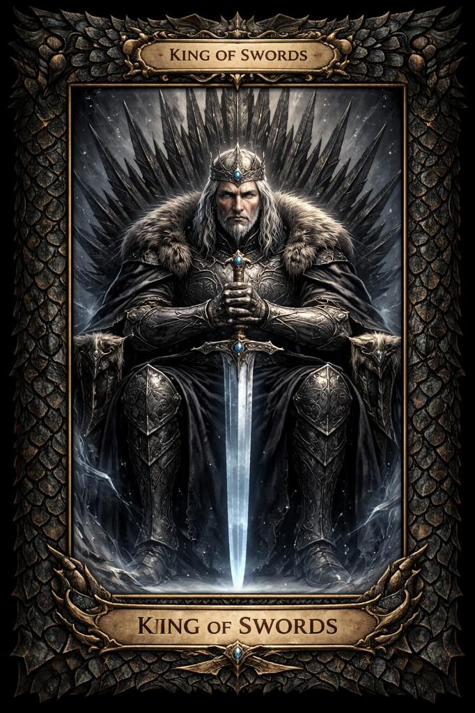 Dragon Scale tarot border example — King of Swords on a throne of blades