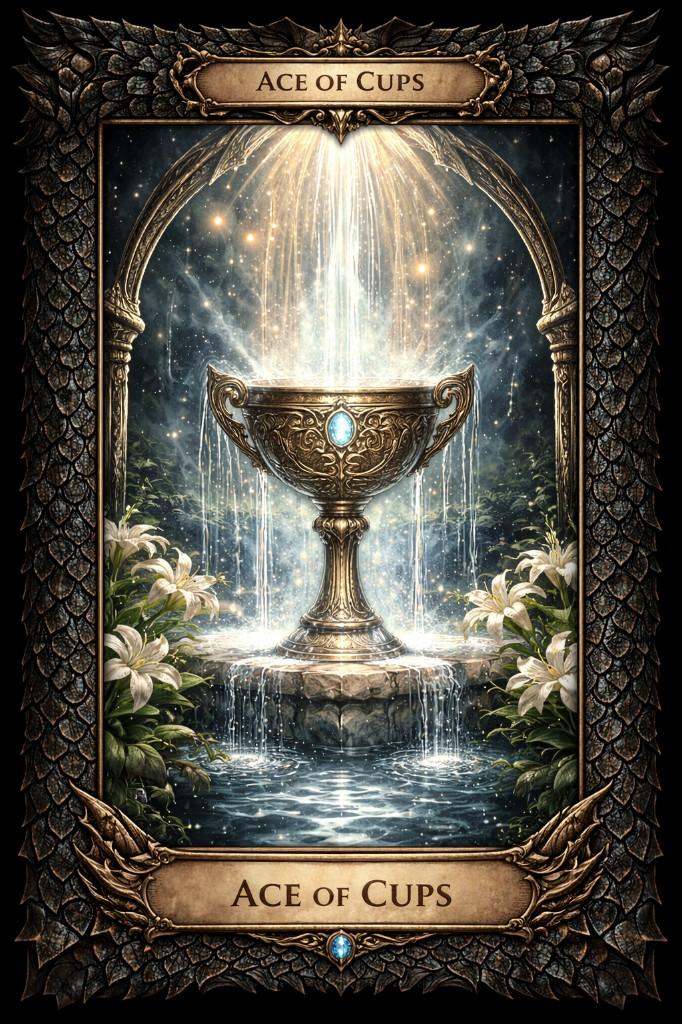 Dragon Scale tarot border example — Ace of Cups with golden chalice and lilies