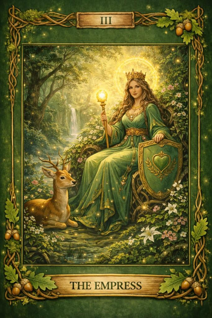 Enchanted Forest tarot border example — The Empress card in a glowing woodland clearing