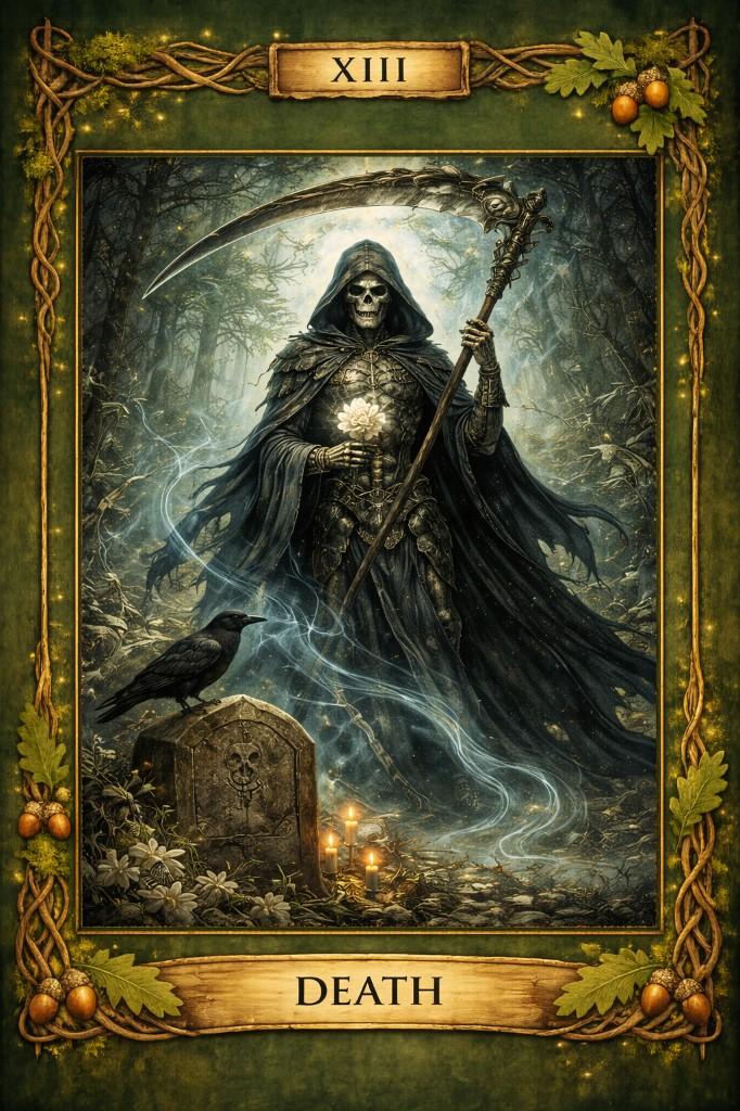 Enchanted Forest tarot border example — Death card with cloaked figure and forest graveyard