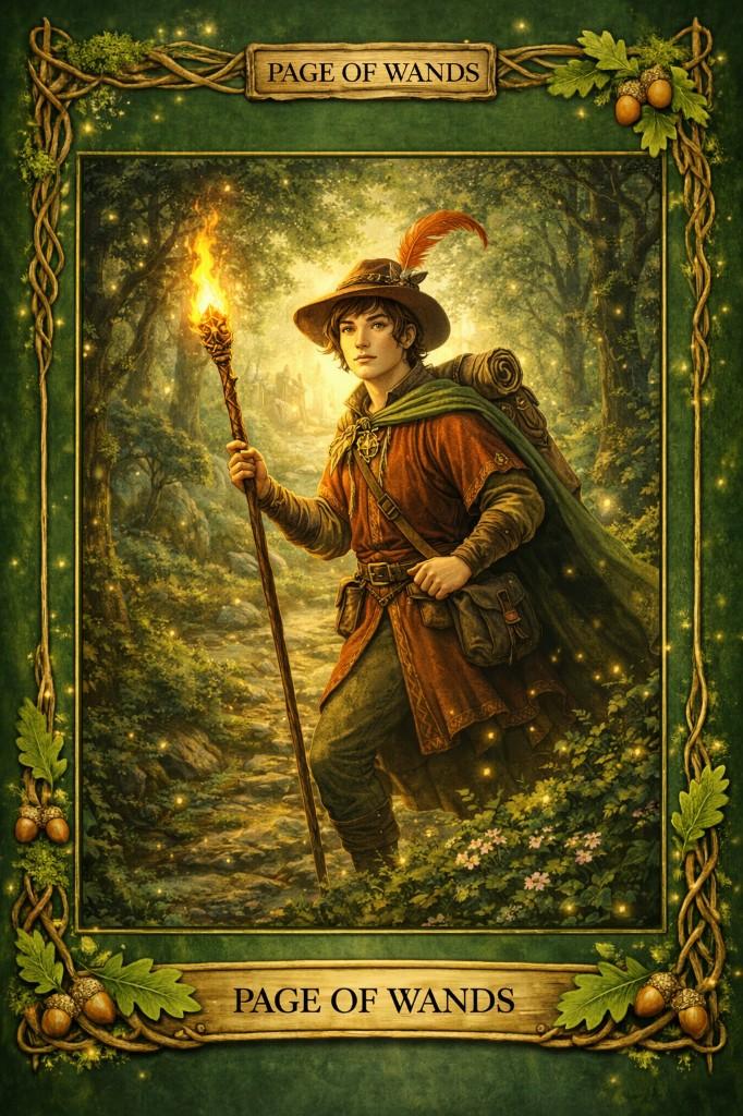 Enchanted Forest tarot border example — Page of Wands traveling through a lantern-lit forest path