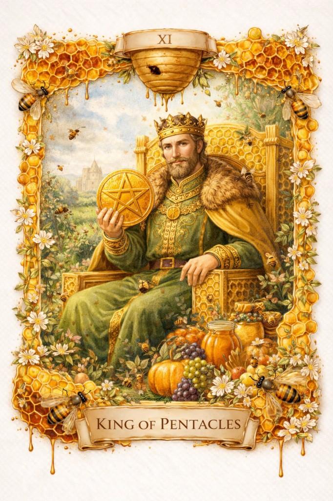 Golden Honeycomb tarot border example — King of Pentacles with dripping honey and parchment banners