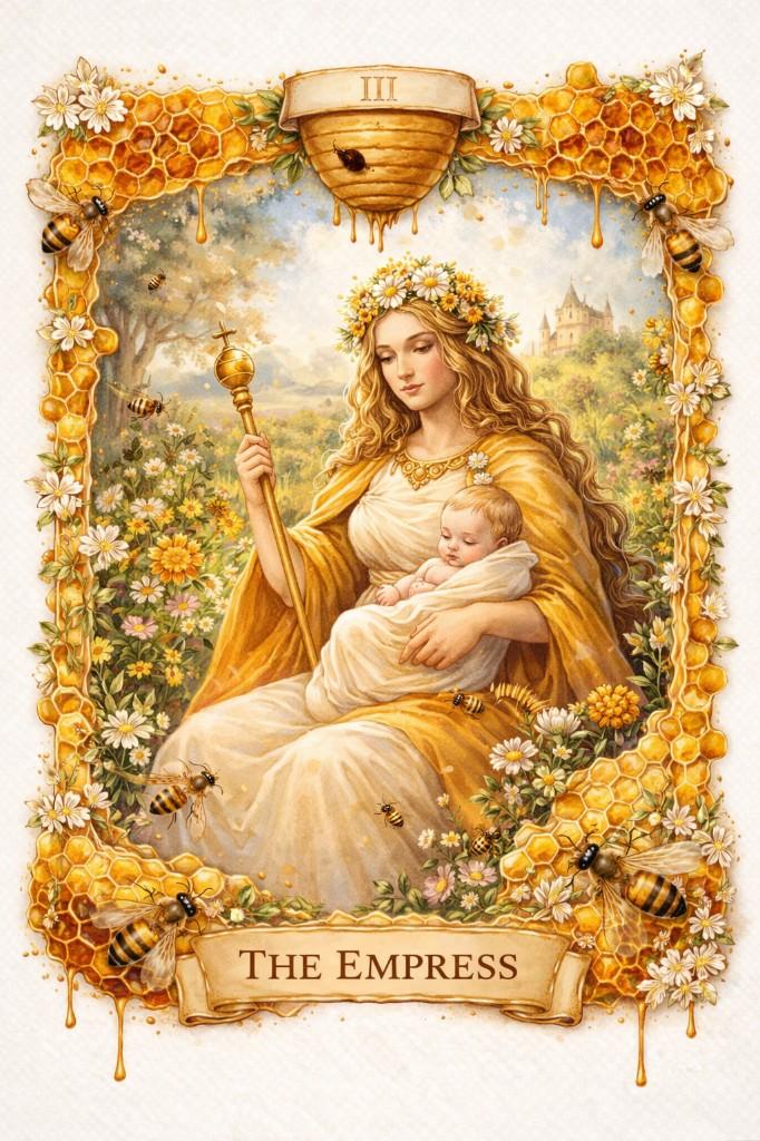 Golden Honeycomb tarot border example — The Empress in a sunlit garden with golden honeycomb border